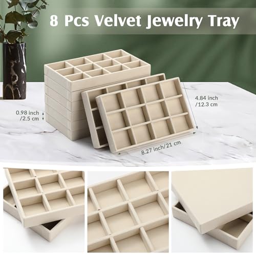 Highergo 8 Pcs Velvet Jewelry Trays Stackable Drawers Organizer Ring Earring Bracelet Necklace Storage Trays, 8.3x4.7x1''(15 Grids) - style: 15 Grids