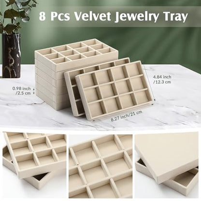 Highergo 8 Pcs Velvet Jewelry Trays Stackable Drawers Organizer Ring Earring Bracelet Necklace Storage Trays, 8.3x4.7x1''(15 Grids) - style: 15 Grids