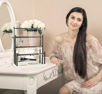 Tirzah 3-Tier Adjustable Earring Necklace Holder Organizer Stand, Black Jewelry Display Tree with 105 Slots, 10 Double-Sided Hooks, White Tray for Women, Girls - color: White & Black, for Necklace Earring