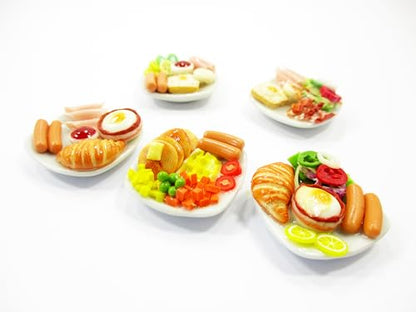 Dollhouse Miniature Food 5 Ceramic Plates Breakfast Sausage Ham Egg Supply 13744