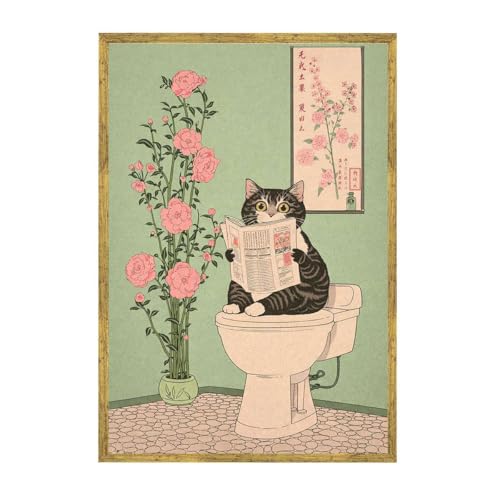 Framed Funny Cat Reading Newspaper Poster Canvas Print Vintage Minimalist Aesthetic Wall Art Painting Pictures Wall Decor for Bathroom Home Decor Apartment Decoration (16L x24W,Gold Framed)