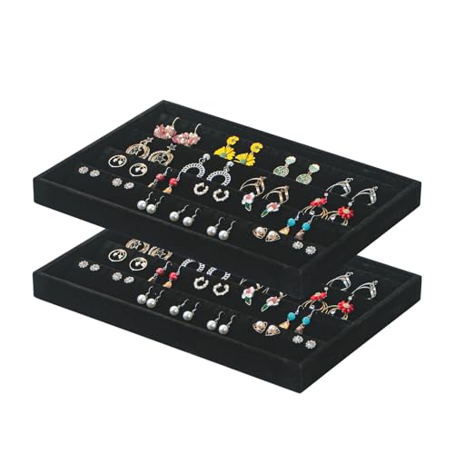 Coward 2PC Black Velvet Stackable Earring Tray Drawer Jewelry Holder Organizer Box Storage Earring Display Stand for Home Drawer or Store Selling (earring+earring) - color: Black Velvet, size: Earring+Earring