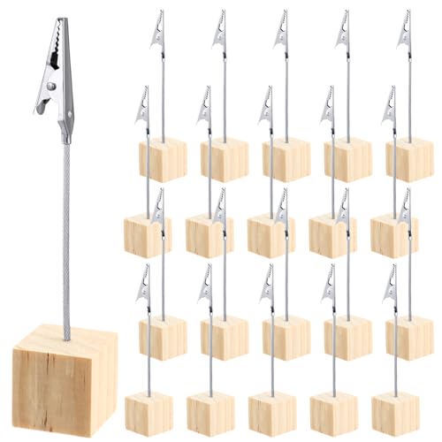 Gersoniel 20 Pcs Cube Base Memo Clip Holder with Alligator Clip Wood Table Number Holder Cube Base Place Card Stand Mini Photo Menu Stand for Displaying Number Card (Light Wood Color) - color: Light Wood Color