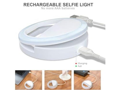 Selfie Ring Light for iPhone, Android, Tablet - Rechargeable Clip-on 3 Light Levels