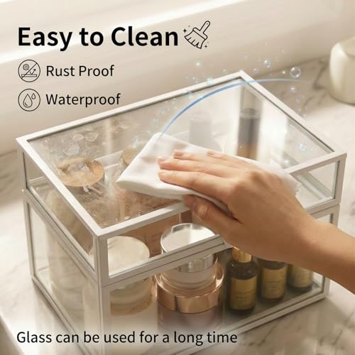 40 Lipsticks Organizer with Lid, Glass Display Box Fits Large Perfume & Skincare, Easy-Access Organiser for Vanity Countertop, Multifunctional Display Box in Any Rooms - color: white