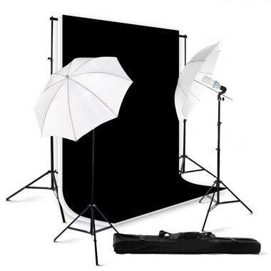 800W Photography Lighting Kit, 10 x 10 Feet Cotton Black Muslin Backdrop Background and Photo Portrait 33-Inch Umbrella, White