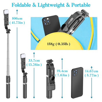 Portable 41 Inch Selfie Stick Phone Tripod with Wireless Remote Extendable Tripod Stand 360 Rotation Compatible with iPhone 17 16 15 14 13 12 11 pro Xs Max Xr X Plus, Android Samsung Smartphone - style: Black & With Light