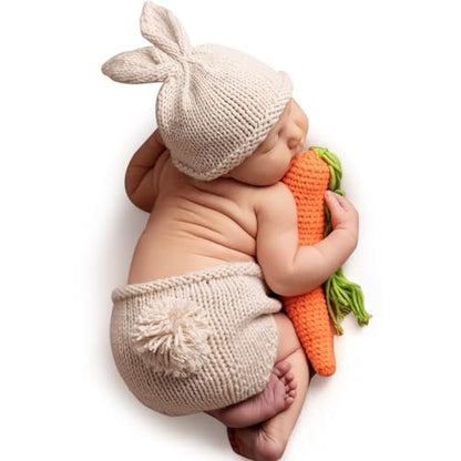 ForBaysy Newborn Photography Props Boy Girl Crochet Bunny Costume Set Baby Photo Shoot Outfits with Rabbit Ear Hat - color: Newborn Bunny Carrot Suit