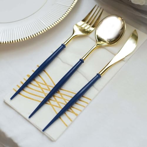 Efavormart 24-Pack 8" Gold and Royal Blue Disposable Plastic Silverware; Sturdy Dual-Tone Heavy-Duty Cutlery for Graduation Parties, Military Galas and Nautical-Themed Dinners - color: Royal Blue, size: 8"
