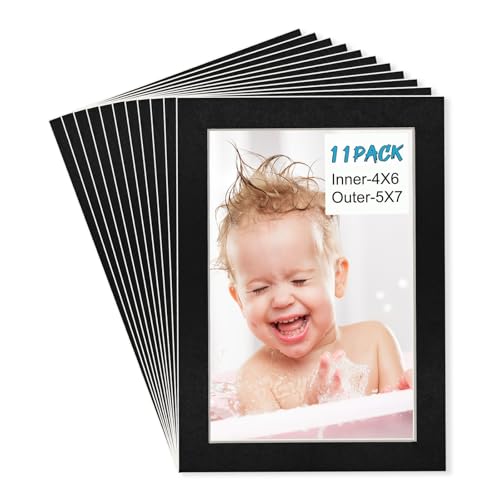 Egofine 5x7 Black Picture Mats Pack of 11, Frame Mattes for 4x6 Pictures, Acid Free, 1.2mm Thickness, with Core Bevel Cut - color: Black-5"x7" for Photos 4"x6" Pack of 11