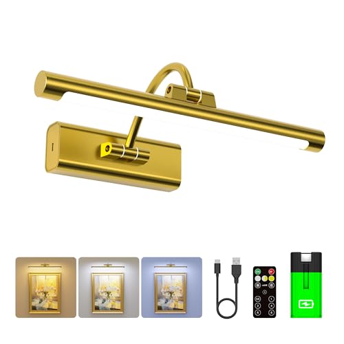 Battery Powered Picture Light 13'', 6000mAh Rechargeable Cordless Art Wall Light with 1pcs Detachable Battery, Dimmable 3 Color Temps 350LM with Remote, for Art Gallery Phote Frame - Brass - color: Brass, size: 13 Inch (1 Extra Battery)