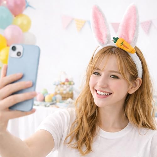 Bunny Ears Headband, 5.1 x 11 in White Fluffy Plush Bunny Ear Headband with Carrot Accent for Cosplay Costumes Easter Bunny Ears Dress Up Photo Props, Soft Rabbit Ears Easter Headbands Adult