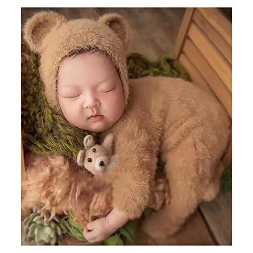 2Pcs Newborn Photography Props Boy Photo Posing Outfits Baby Photoshoots Girl Crochet Bear Hat Romper - color: Brown B