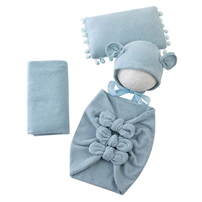 Newborn Baby Boy Girl Photography Props Bow Wrap, Posing Aid, Hat and Blanket Set of 4 Pcs - color: Light Blue