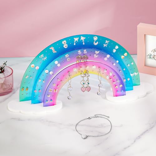 NiHome 3-Tier Acrylic Rainbow Earring Organizer, 14" W x 6.3" H Lightweight and Durable Design 140 Holes for 70 Pairs, Unique Front Row for Special Earrings (Blue-Purple Gradient Colors) - color: Blue-Purple Gradient Colors