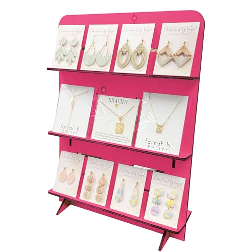 TORCHED DISPLAYS Jewelry Holder Necklace Organizer | Earring Display Stands for Selling | 3-Tiered Wooden Jewelry Holder Stand for Shops, Boutiques, Festivals | Display Rack Wood Stand | Pink - color: pink