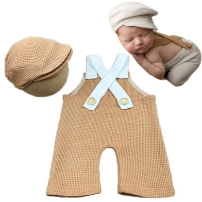 Newborn Baby Boy Suspender Pants Photo Outfits Gentleman Photography Outfit Girl - color: Khaki