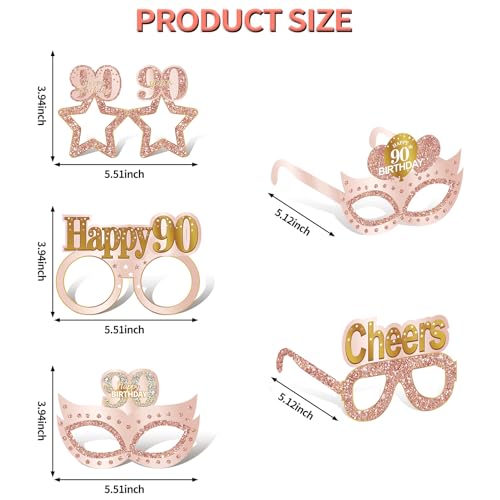 Guiruiy 24PCS 90th Birthday Paper Eyeglasses Decorations for Women, Pink Rose Gold Happy 90th Birthday Eyeglasses Party Supplies, Funny Ninety Year Old Birthday Glasses Photo Props Decor - style: Rose Gold 90th