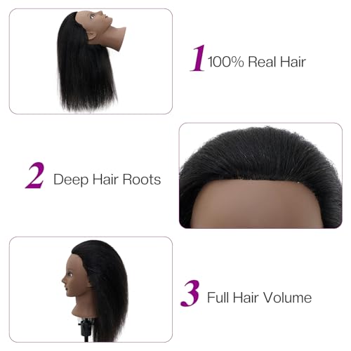 Mannequin Head 100% Real Hair,14”-16” Braiding Mannequin Head with Stand&Table Clamp,Real Hair Cosmetology Manikin Head with Mannequin Head Stand - color: Dark Gray