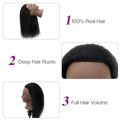 Mannequin Head 100% Real Hair,14”-16” Braiding Mannequin Head with Stand&Table Clamp,Real Hair Cosmetology Manikin Head with Mannequin Head Stand - color: Dark Gray