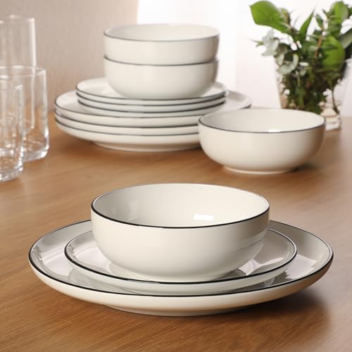 Gibson Home Havenstone 12-Piece Porcelain Dinnerware Set – Dinner Plates, Salad Plates & Bowls, Classic White With Black Rim Everyday Dish Set for Home, Kitchen, Microwave & Dishwasher Safe - color: White w/ Black Rim (Havenstone)