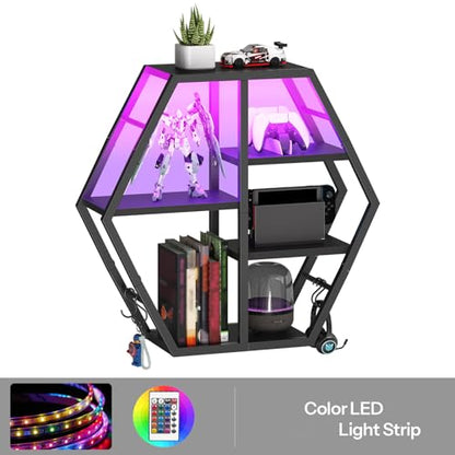 HOOBRO Gaming Floating Shelves with LED Lights, Gaming Wall Mounted Shelf, Hexagonal Display Rack for Wall Storage, Floating Rack with 4 S-Hooks, for Gaming Room, Black BB76DBJ01
