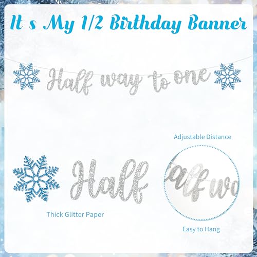 1/2 Birthday Snowflake Half Birthday Decorations - Snowflake It's My 1/2 Birth Banner Glitter Cake Topper Tassel High Chair Banner & Crown, Hat Halfway to One Boy Girl Party Supplies - color: White