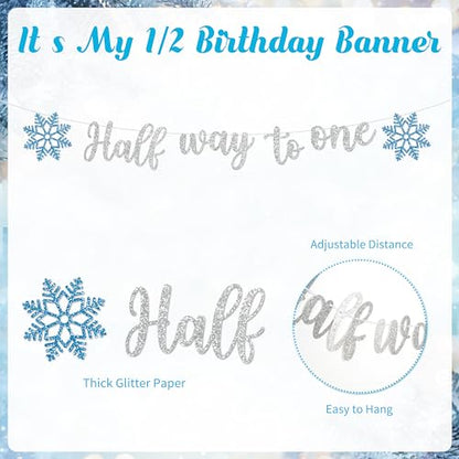 1/2 Birthday Snowflake Half Birthday Decorations - Snowflake It's My 1/2 Birth Banner Glitter Cake Topper Tassel High Chair Banner & Crown, Hat Halfway to One Boy Girl Party Supplies - color: White
