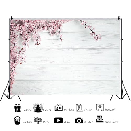 12x8ft Valentine's Day Backdrop Countryside Rustic White Wood Plank with Wood Texture Spring Pink Blossom Peach Apricot Cherry Background Children Baby Adults Portraits Backdrop - size: 12x8ft