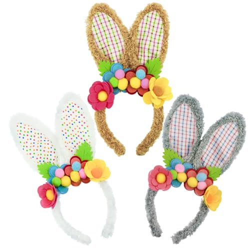 3 Pack Luxurious Easter Bunny Ears Headband Cute Plush Rabbit Ears for Kids Adult Cosplay Birthday Party Supplies - color: 3pcs Headband With Flowers-3