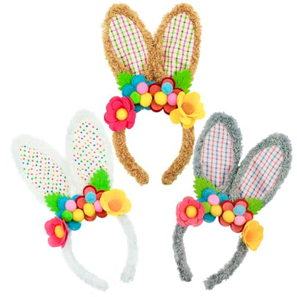 3 Pack Luxurious Easter Bunny Ears Headband Cute Plush Rabbit Ears for Kids Adult Cosplay Birthday Party Supplies - color: 3pcs Headband With Flowers-3