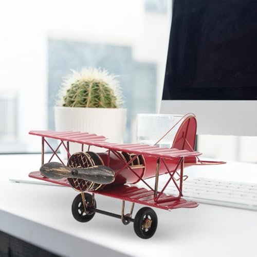 ibasenice Vintage Metal Biplane Model 8.35In Retro Airplane Ornament for Home Office Tabletop Decor Collectible Aircraft Craft - color: Red