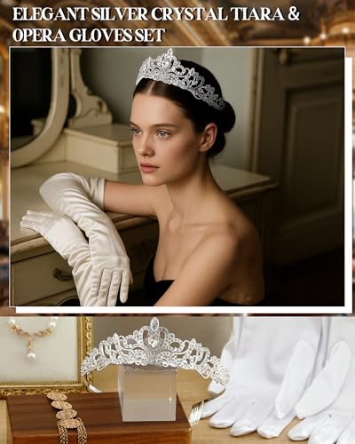 Princess Tiara Crown with Satin Gloves Set Crystal Headpiece for Graduation Prom and Party Photo Props - color: Silver, style: A