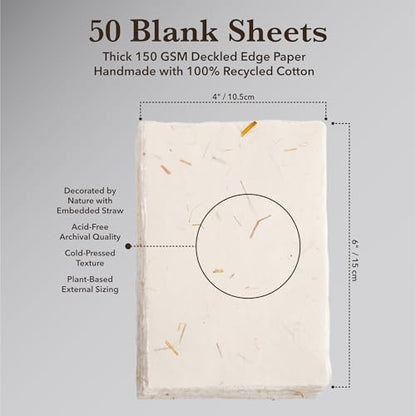 Wanderings Handmade Cream Deckle Edge Blank Paper with Straw - 4x6 - Pack of 50 - Watercolour/Mixed Media Paper - Save the Date Invitations Greeting Cards Notes DIY Arts Crafts - Thick 150 GSM - color: Ivory with Straw, size: A6