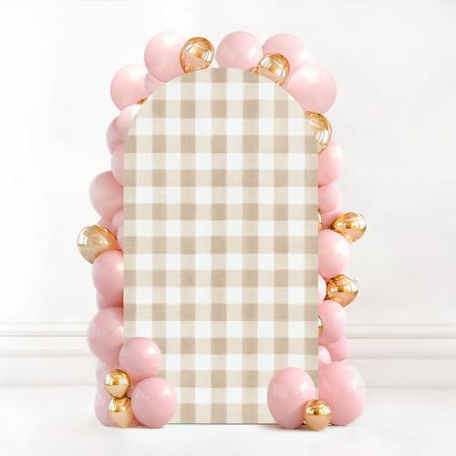 7.2FT Wedding Arch Backdrop Cover Beige Gingham Seamless Pastel Check Plaid Beige White for Spandex Fitted Fabric Round Top Stretchy Stand Covers for Baby Shower Birthday Party Decoration - color: Color1, size: 7.2x4 FT