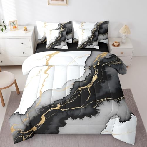 Erosebridal Black Marble Twin Size 7 Piece Bedding Set for Men Women,Grey Abstract Marbling Bed in A Bag Ink Rendering Marble Grain Comforter Set with Sheets Bronzing Sequins Gold Texture Bed Set - color: Black Golden, size: Twin
