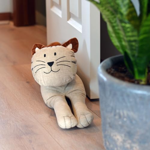 Kitty Cat Draught Door Stopper, Soft Beige Grey Flax Linen and Cotton, Curly Brown Ears and Tail, 29.75 Inches Long, 4.75 lbs. - color: Beige
