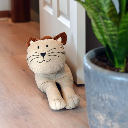 Kitty Cat Draught Door Stopper, Soft Beige Grey Flax Linen and Cotton, Curly Brown Ears and Tail, 29.75 Inches Long, 4.75 lbs. - color: Beige