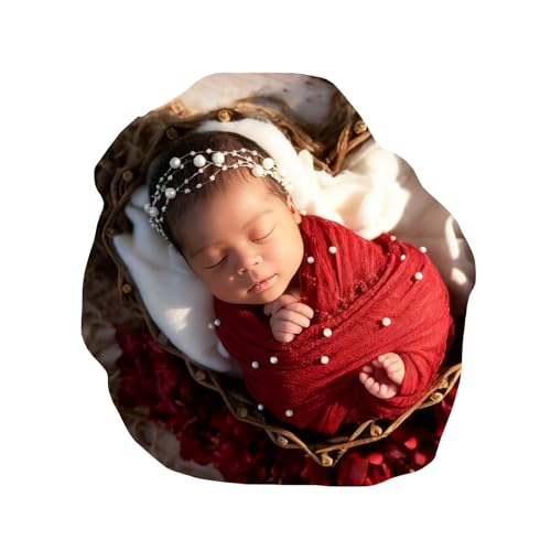 Baby Photo Shoot Props for Newborn Infant|Newborn Photography Wrap Pearl Raw Edge Swaddling Blanket & Headband Set (Red) - color: Red