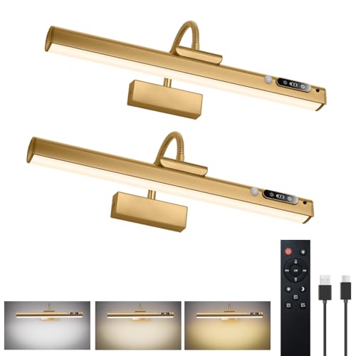 15.7'' Picture Lights for Wall with Motion Sensor, 9000mAh Rechargeable Battery Operated Poster Lights for Paintings, Portraits, Wall Decor, Gold(2pcs) - color: Gold- 2P