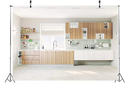 BELECO 8x6ft Fabric Modern Kitchen Backdrop Cooking Baking Background Wall Cabinet Cupboard Kitchenware Window Background Selfie Photoshoot Online Teaching Video YouTube Studio Photography Props