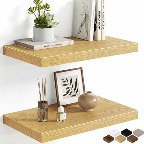 Floating Shelves Set of 2, 12 Inch Deep Floating Shelves with Heavy Duty Brackets, 20'' Rustic Wood Wall Mounted Shelf for Bathroom, Bedroom, Living Room & Kitchen, Modern Home Decor Storage, Oak - color: Oak, size: 20 Inch, Set of 2