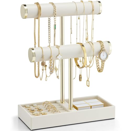 VLANDO 2 Tier Bracelet Holder Organizer with Tray - Mothers Day Gifts Jewelry Stand Organizer for Mom - Jewelry Holder Display for Necklace, Watches, Rings, Earrings, Bangle, Scrunchie - Cloud White - color: B. Cloud White, size: 2 Tier