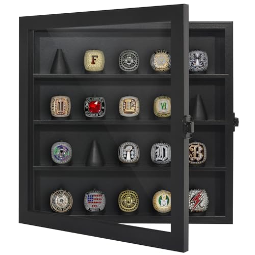 Americanflat 12x12 Championship Ring Display Case with Lock and Key - Hold 20 Rings - Black Ring Case for Jewelry Display with Shatter-Resistant Glass - Freestanding or Wall-Mounted Displays for Rings - color: Black, size: 12x12