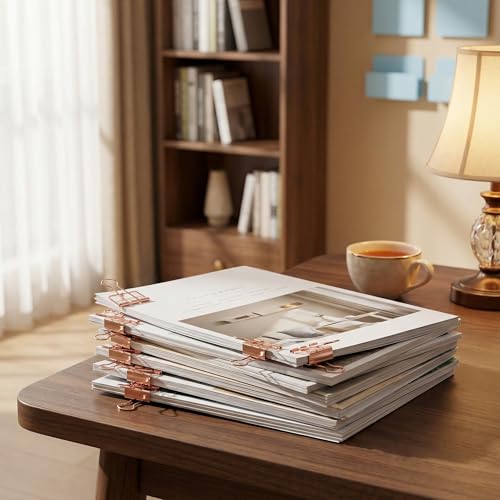 Binder Clips Rose Gold Hollow Long Tail Document Clamps, 6pcs Metal Spring Fasteners for Paper Stacks, Planner Notes, Desk Organization, Folding Handles for Easy Use - color: Rose Gold