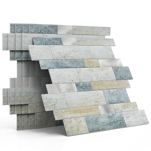 MOFIT Backsplash Tile for Kitchen Peel and Stick Stone Matte Finish,Bathroom Tiles Stickers 3D Wall Panel Linear Mosaic Marble Backsplash Waterproof(5sheets,Blue Green Gray) - color: Blue Green Gray, size: 5sheets