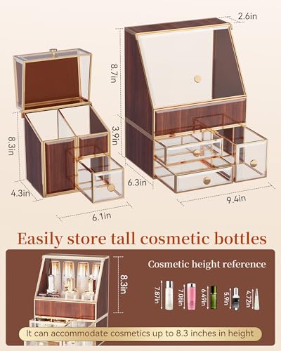 Youdepot Glass Makeup Storage for Vanity and Bathroom Countertop – Large Cosmetic Display Case and Skincare Storage Solution - color: golden yellow