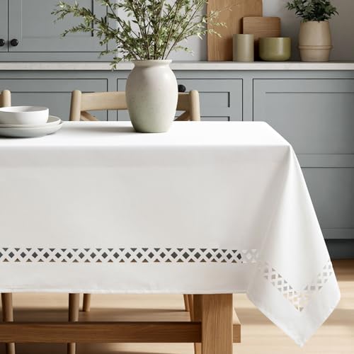 MIULEE White Rectangle Linen Polyester Tablecloth with Decorative Cutouts Spring Waterproof Stain Resistant & Shrink-Proof Table Cloth 60x104 inch Farmhouse Style for Dining Wedding and Outdoor - color: White, size: 104" x 60" (Rectangular)