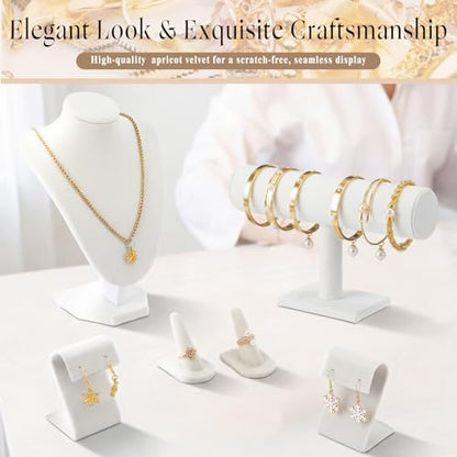 Wenqik Velvet Jewelry Display Set Necklace Mannequin Bust T-Bar Bracelet Holder 2 Earring Stands 2 Ring Holders for Showcase (White) - color: White