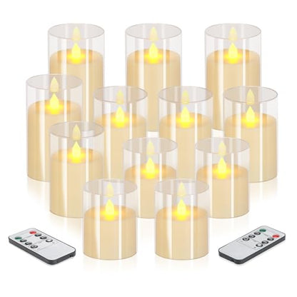 wemarry Flameless Candles 4" 5" 6" Acrylic Glass Pillars 3" Diameter Battery Operated Flickering Candles Include 8-Key Remote with Timer Function 400+ Hours (Pure White, Warm Light 12 Pack) - color: Pure White, size: Warm Light 12 Pack
